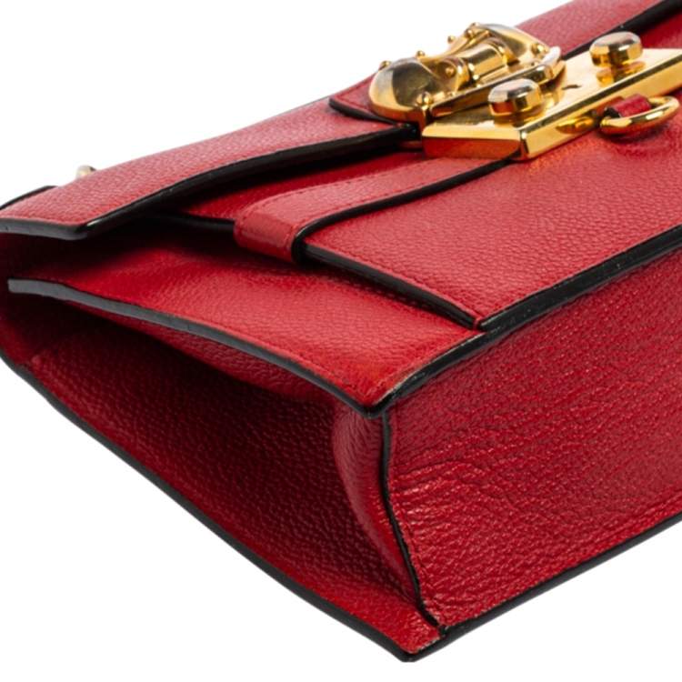 Pre Owned Moschino Red Leather Heart Clasp Flap Crossbody Bag