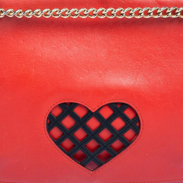 Pre Owned Moschino Cheap and Chic Red Leather Heart Flap Shoulder Bag