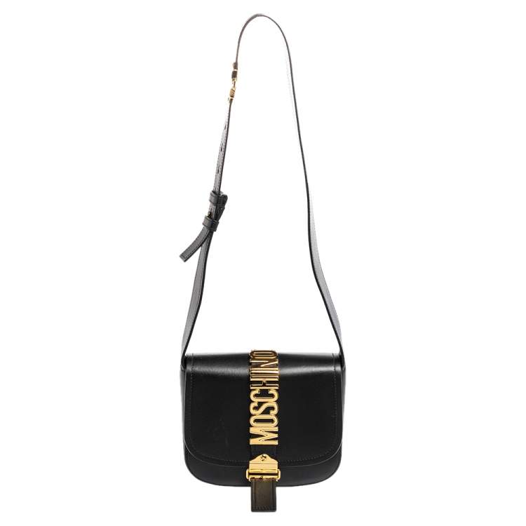 Pre Owned Moschino Black Leather Logo Belt Strap Crossbody Bag