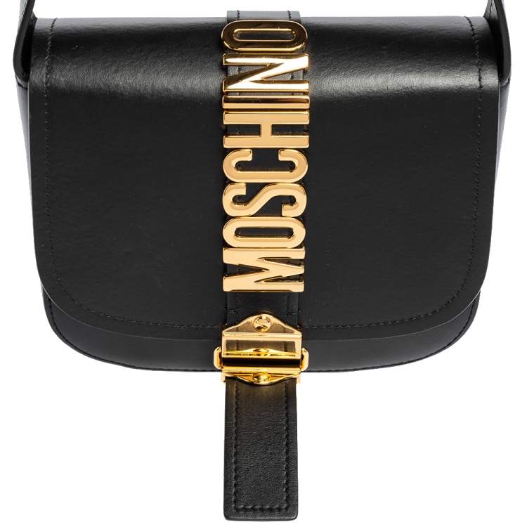 Pre Owned Moschino Black Leather Logo Belt Strap Crossbody Bag