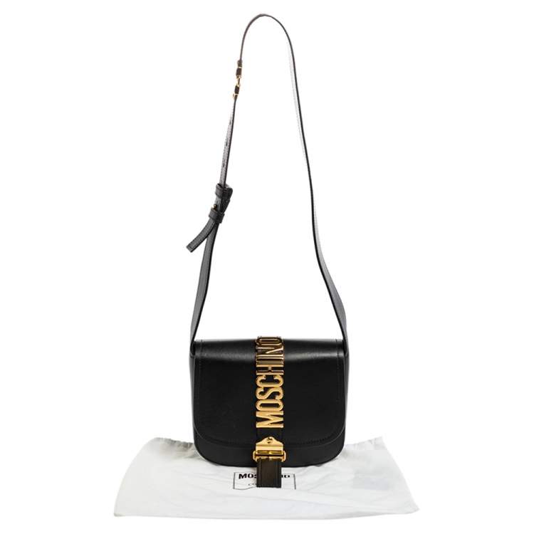 Pre Owned Moschino Black Leather Logo Belt Strap Crossbody Bag