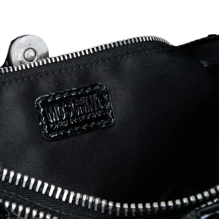 Pre Owned Moschino Black Pleated Patent Leather Flap Hobo