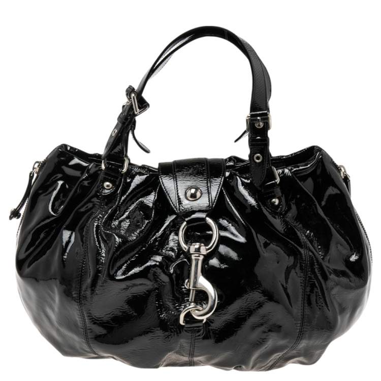 Pre Owned Moschino Black Pleated Patent Leather Flap Hobo