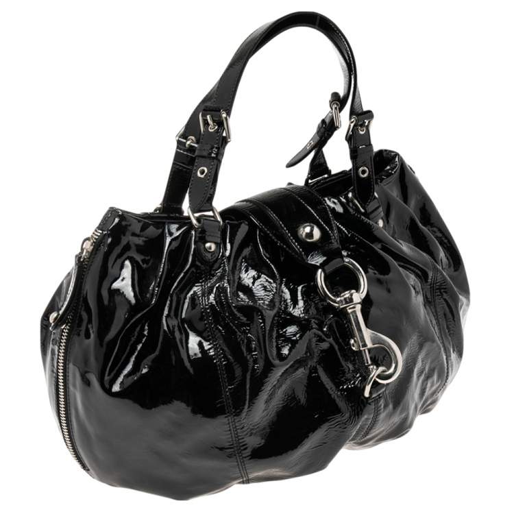 Pre Owned Moschino Black Pleated Patent Leather Flap Hobo