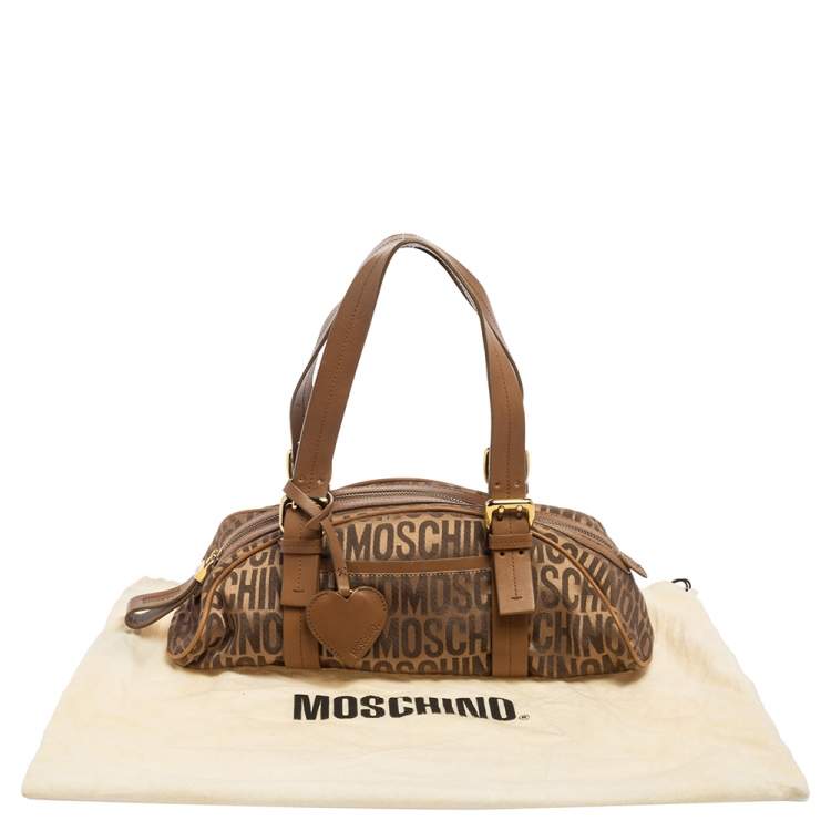 Pre Owned Moschino Brown Signature Fabric And Leather Zip Satchel