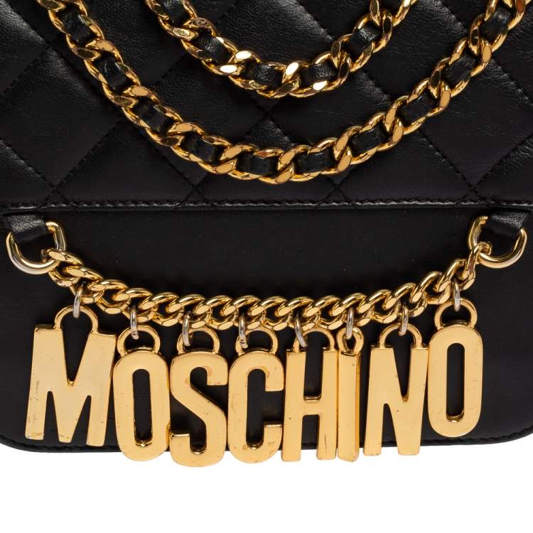 Pre Owned Moschino Black Quilted Leather Logo Chained Shoulder Bag 