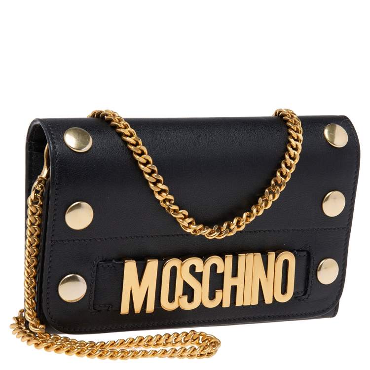 Pre Owned Moschino Black Leather Logo Flap Wallet on Chain