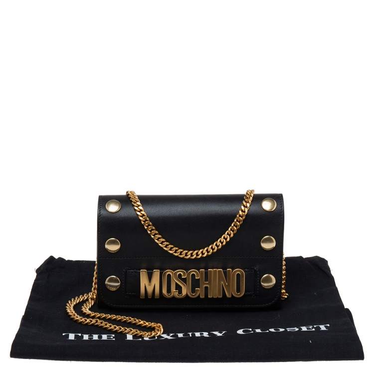 Pre Owned Moschino Black Leather Logo Flap Wallet on Chain