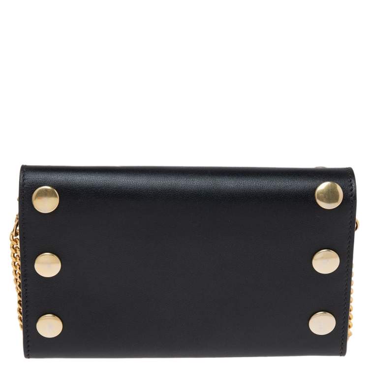 Pre Owned Moschino Black Leather Logo Flap Wallet on Chain