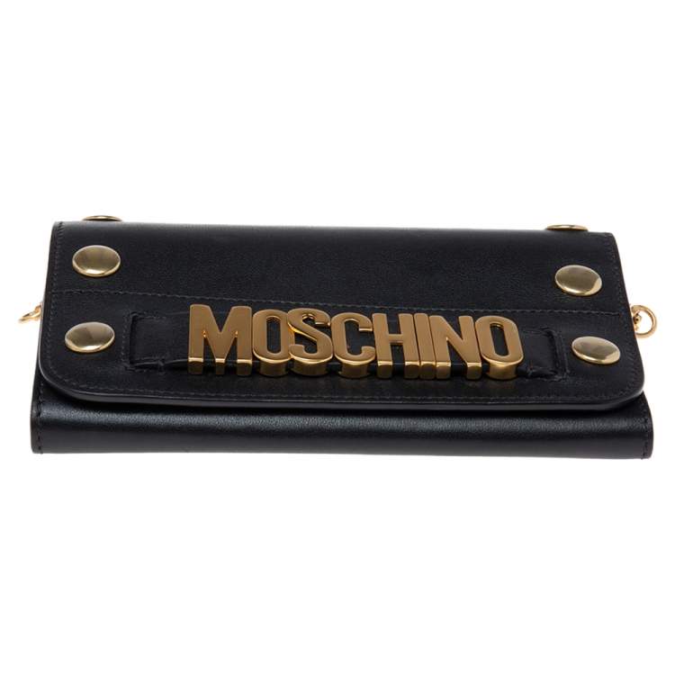 Pre Owned Moschino Black Leather Logo Flap Wallet on Chain