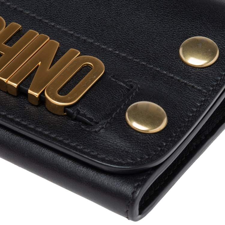Pre Owned Moschino Black Leather Logo Flap Wallet on Chain