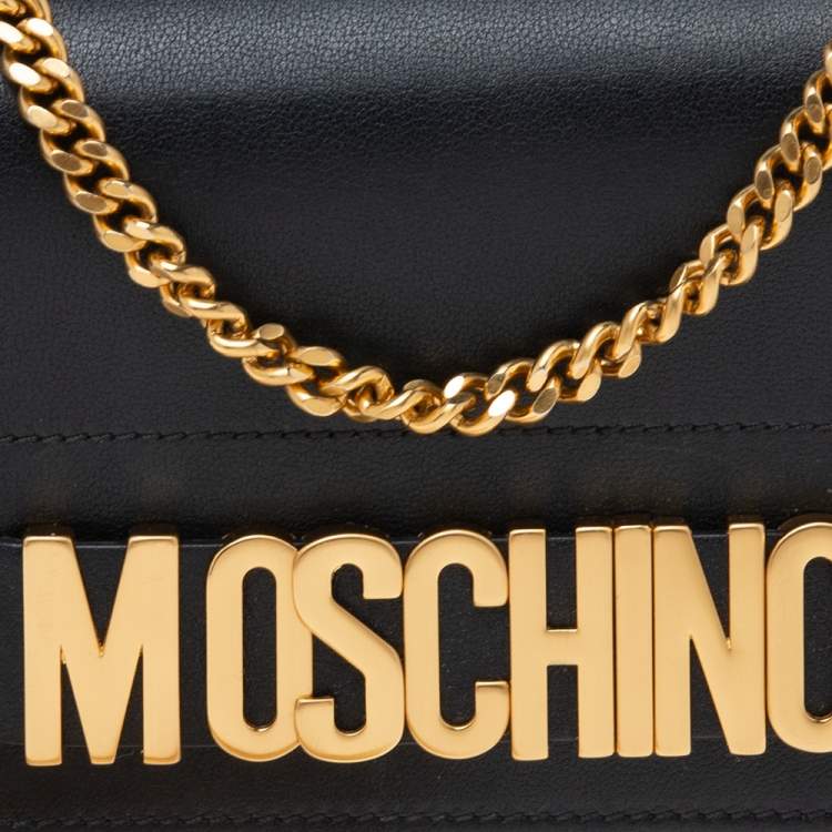 Pre Owned Moschino Black Leather Logo Flap Wallet on Chain
