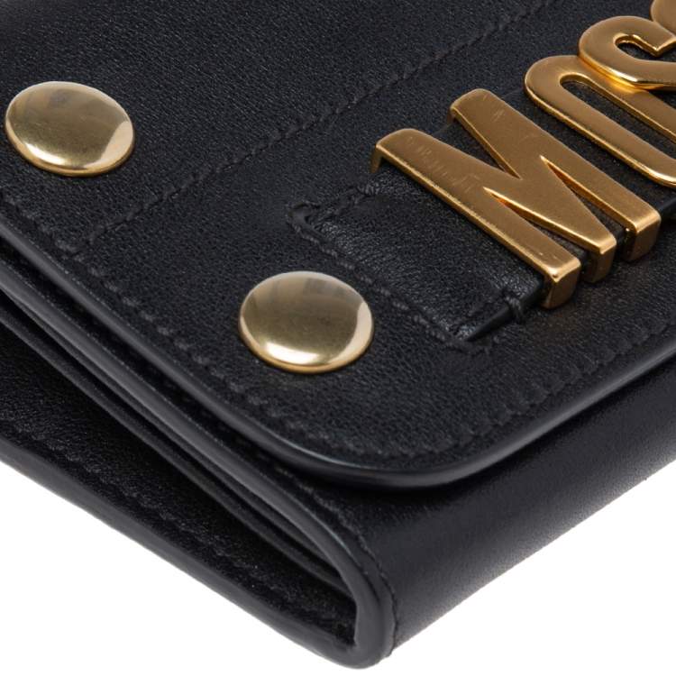 Pre Owned Moschino Black Leather Logo Flap Wallet on Chain