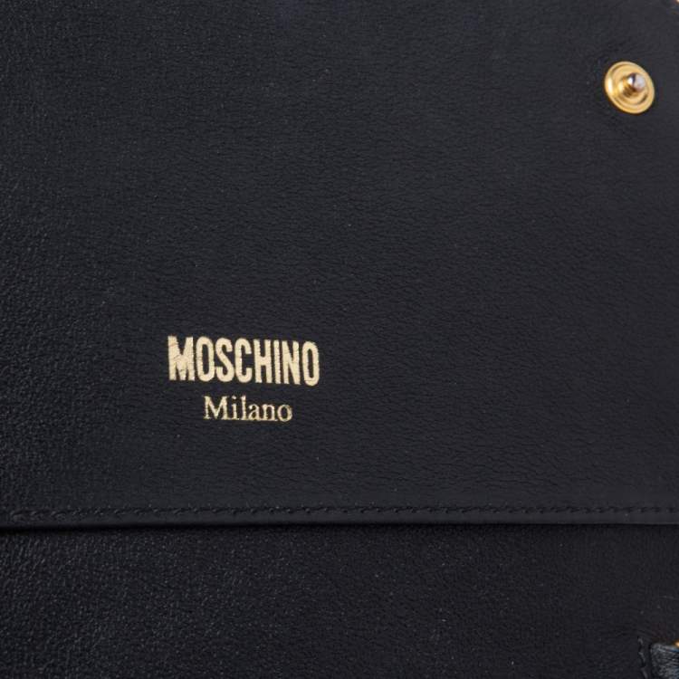 Pre Owned Moschino Black Leather Logo Flap Wallet on Chain