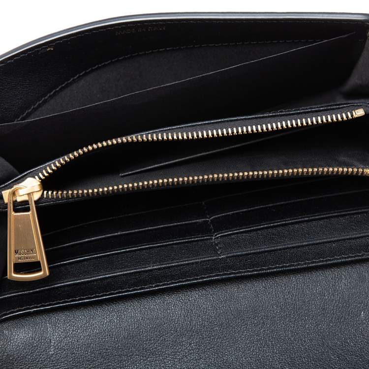 Pre Owned Moschino Black Leather Logo Flap Wallet on Chain