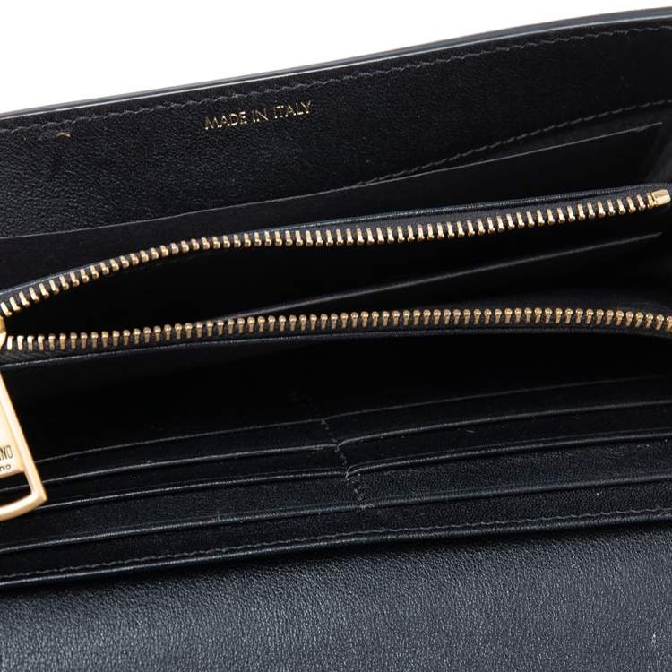 Pre Owned Moschino Black Leather Logo Flap Wallet on Chain