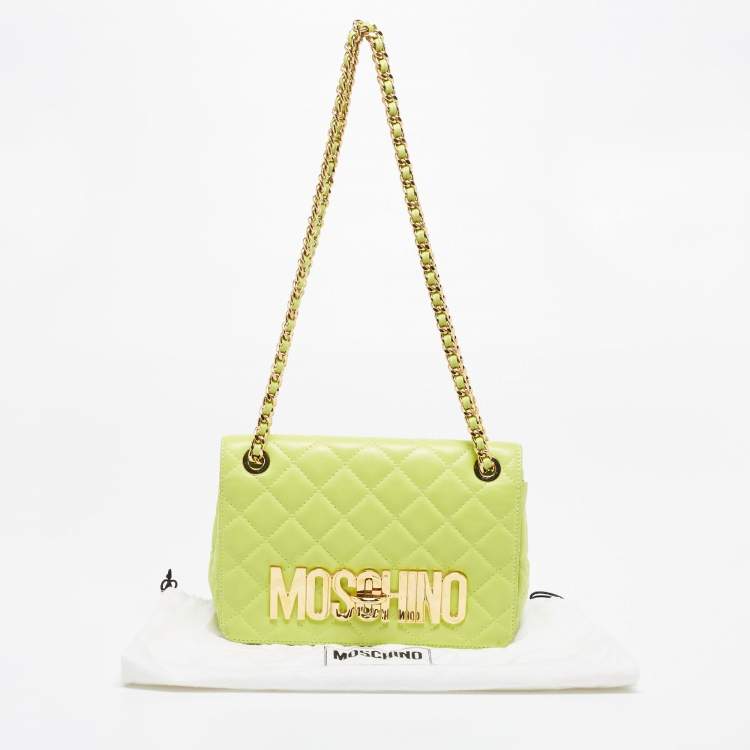 Pre Owned Moschino Neon Green Quilted Leather Logo Flap Shoulder Bag