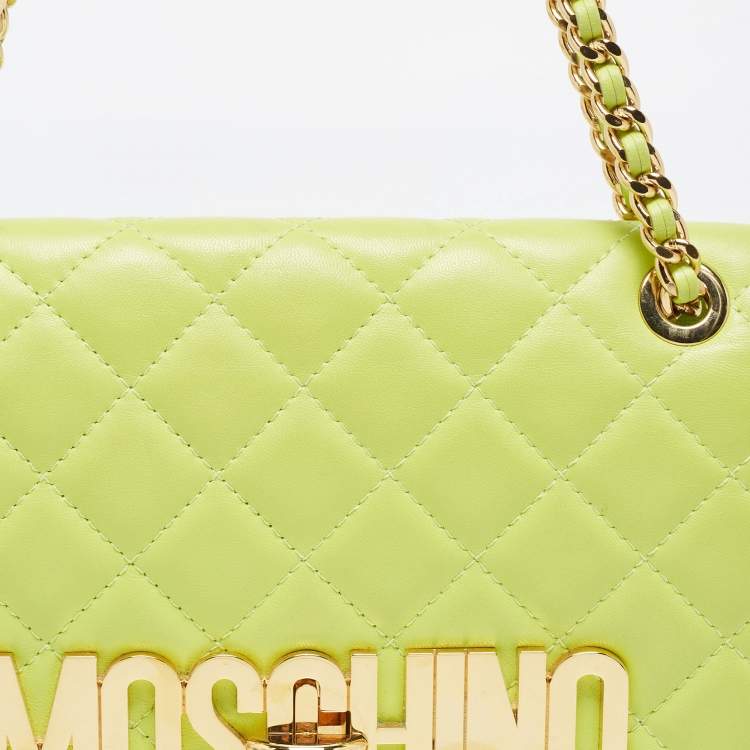 Pre Owned Moschino Neon Green Quilted Leather Logo Flap Shoulder Bag