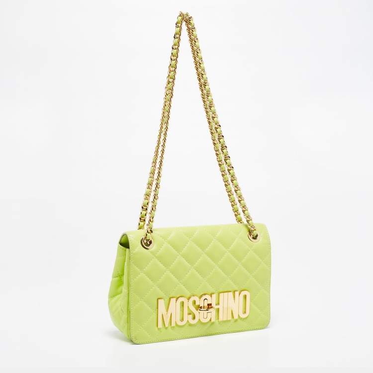 Pre Owned Moschino Neon Green Quilted Leather Logo Flap Shoulder Bag