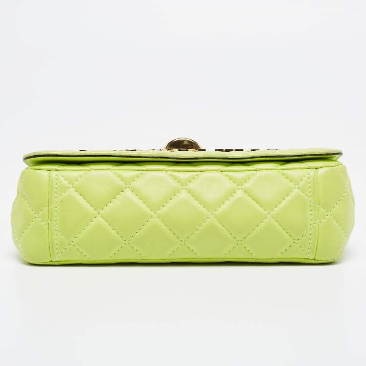 Pre Owned Moschino Neon Green Quilted Leather Logo Flap Shoulder Bag