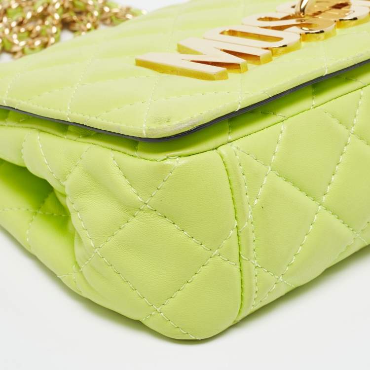 Pre Owned Moschino Neon Green Quilted Leather Logo Flap Shoulder Bag