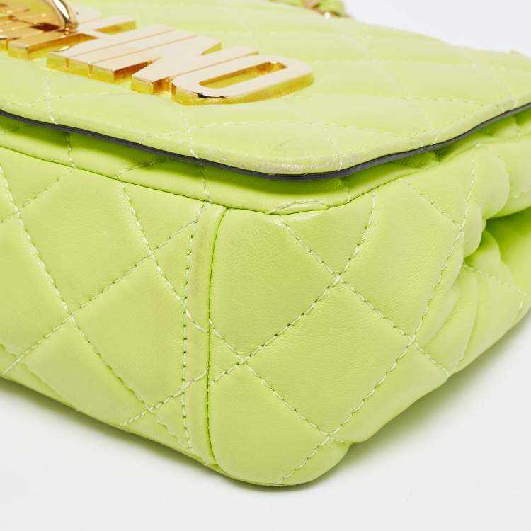 Pre Owned Moschino Neon Green Quilted Leather Logo Flap Shoulder Bag