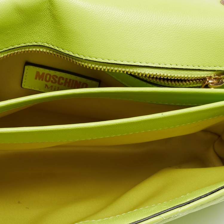Pre Owned Moschino Neon Green Quilted Leather Logo Flap Shoulder Bag