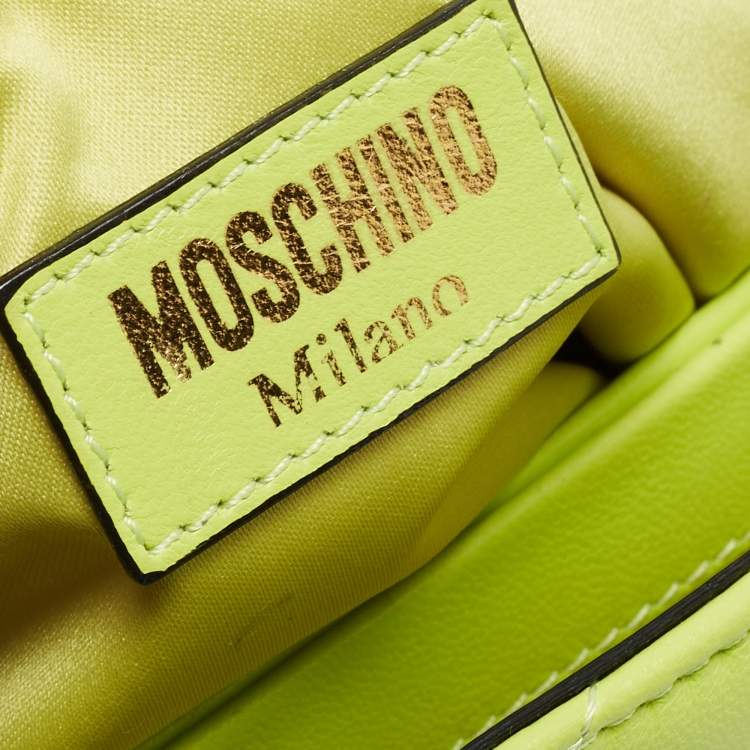 Pre Owned Moschino Neon Green Quilted Leather Logo Flap Shoulder Bag
