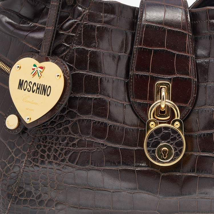 Pre Owned Moschino Dark Brown Croc Embossed Leather Hobo