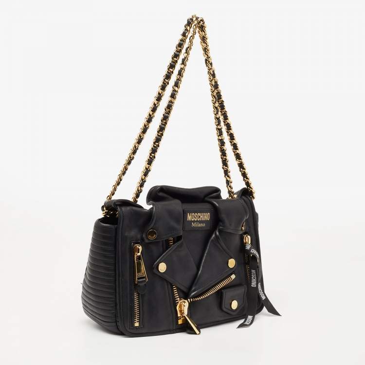 Pre Owned Moschino Black Leather Capsule Biker Jacket Shoulder Bag 