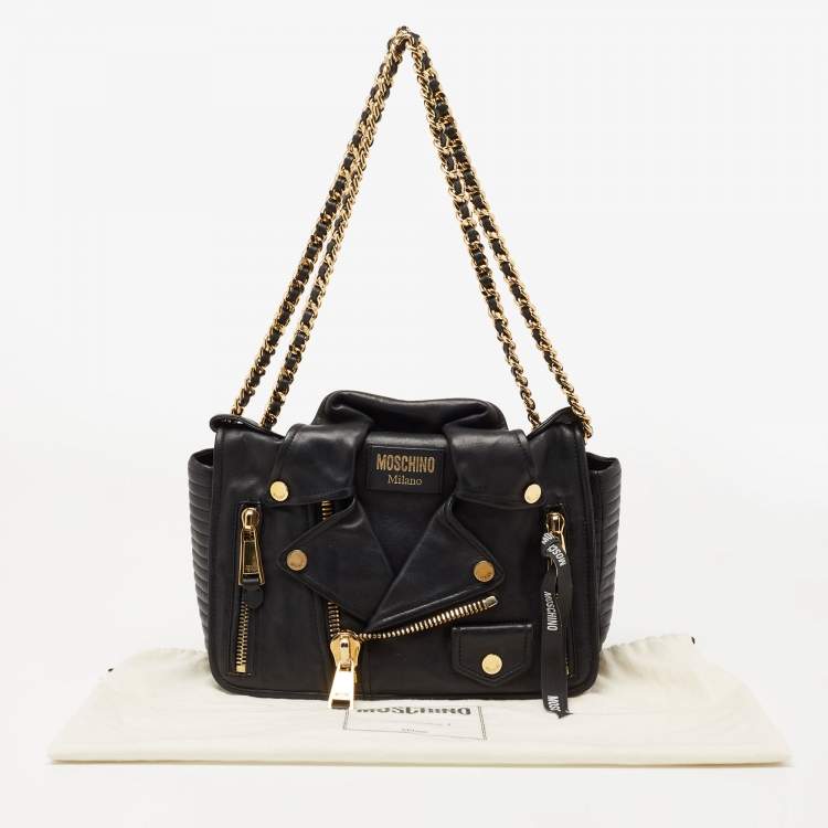 Pre Owned Moschino Black Leather Capsule Biker Jacket Shoulder Bag 