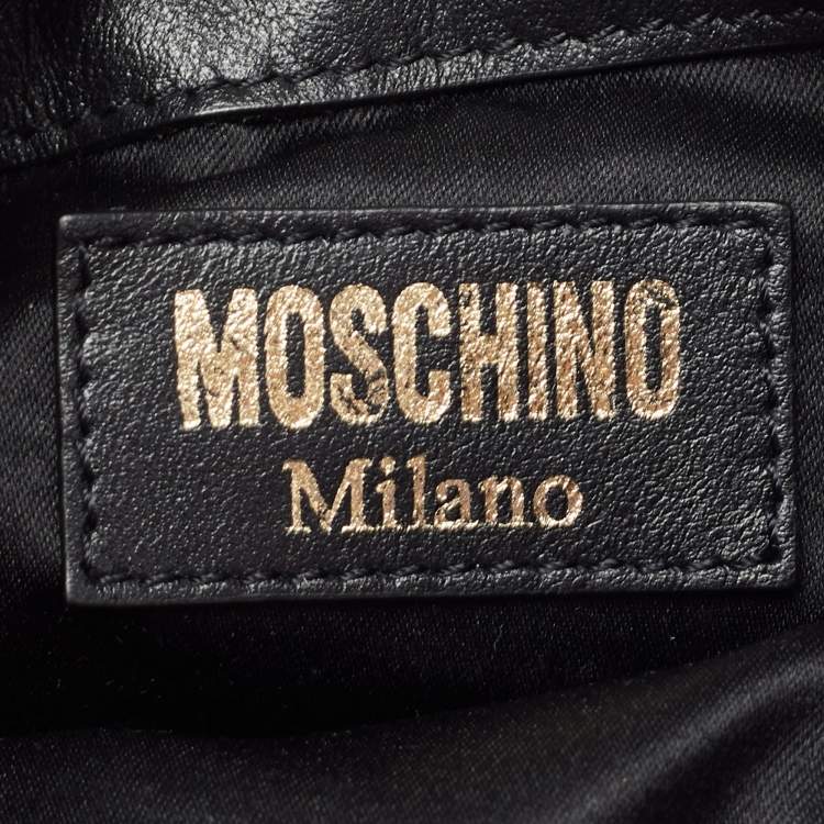 Pre Owned Moschino Black Leather Mini Logo Drawstring Bucket Bag