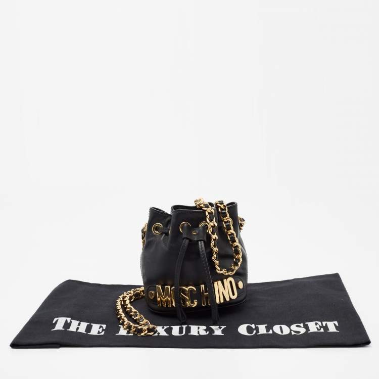 Pre Owned Moschino Black Leather Mini Logo Drawstring Bucket Bag