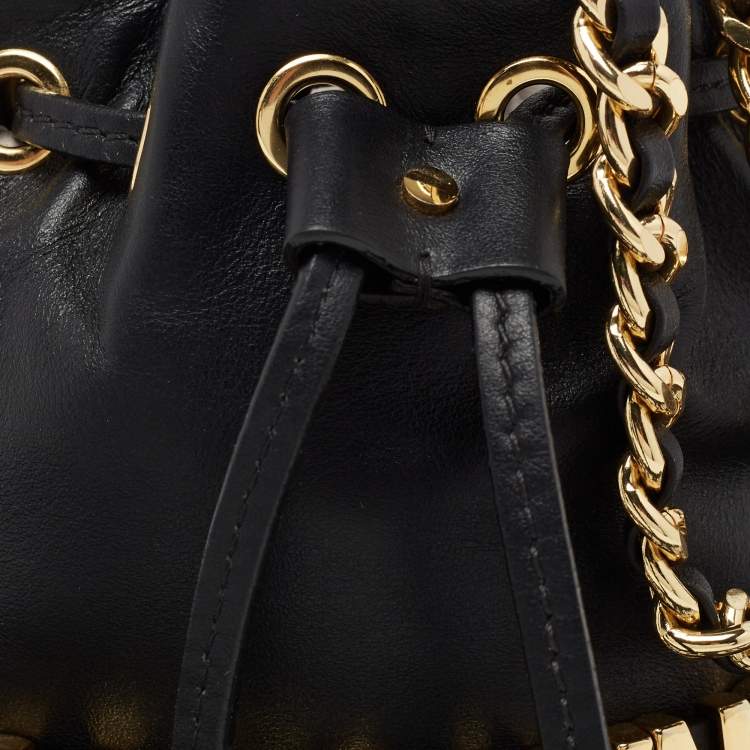 Pre Owned Moschino Black Leather Mini Logo Drawstring Bucket Bag