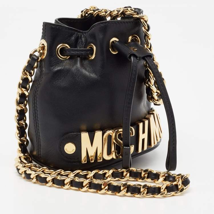 Pre Owned Moschino Black Leather Mini Logo Drawstring Bucket Bag