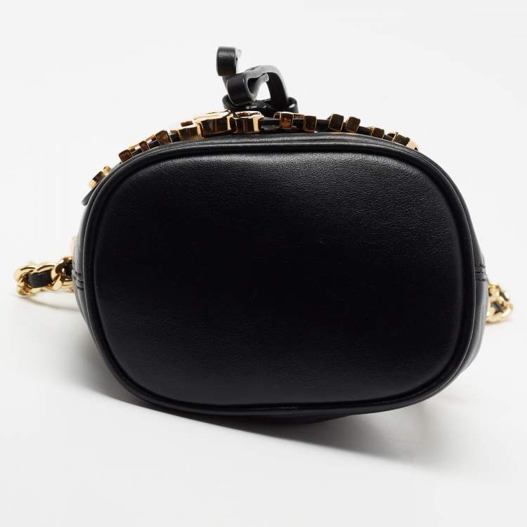 Pre Owned Moschino Black Leather Mini Logo Drawstring Bucket Bag