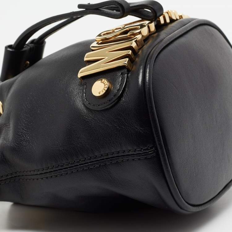 Pre Owned Moschino Black Leather Mini Logo Drawstring Bucket Bag