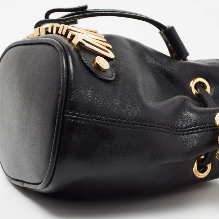 Pre Owned Moschino Black Leather Mini Logo Drawstring Bucket Bag