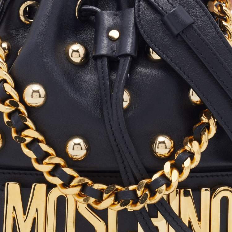Pre Owned Moschino Black Leather Studded Drawstring Bucket Bag