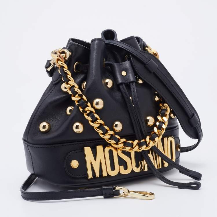Pre Owned Moschino Black Leather Studded Drawstring Bucket Bag