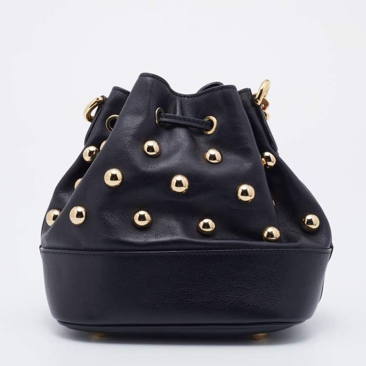 Pre Owned Moschino Black Leather Studded Drawstring Bucket Bag