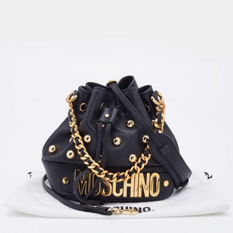 Pre Owned Moschino Black Leather Studded Drawstring Bucket Bag