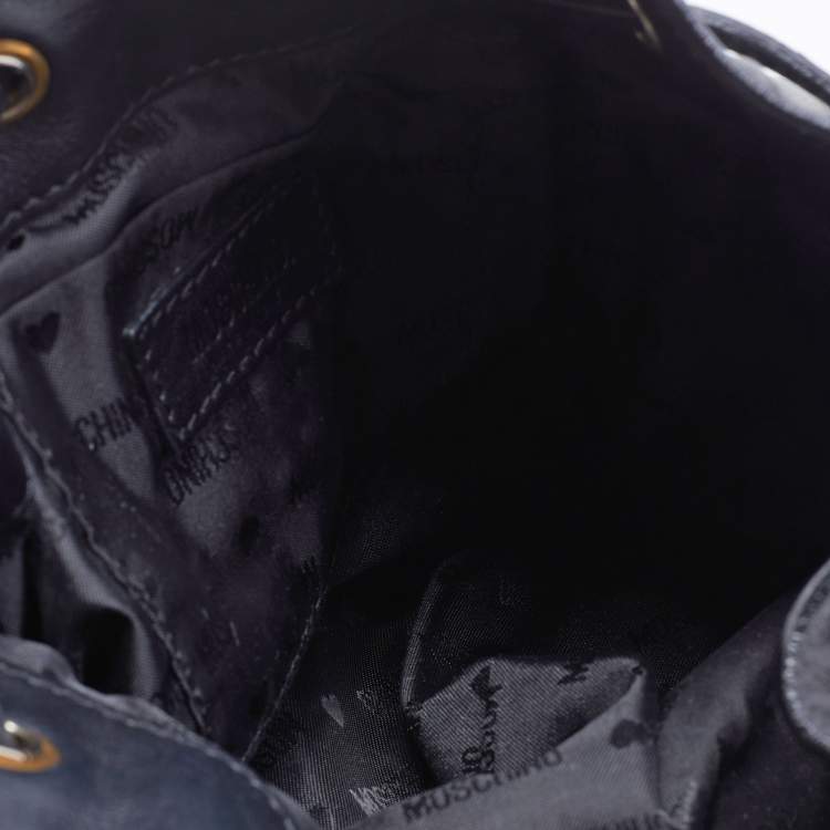 Pre Owned Moschino Black Leather Studded Drawstring Bucket Bag