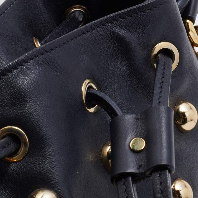 Pre Owned Moschino Black Leather Studded Drawstring Bucket Bag