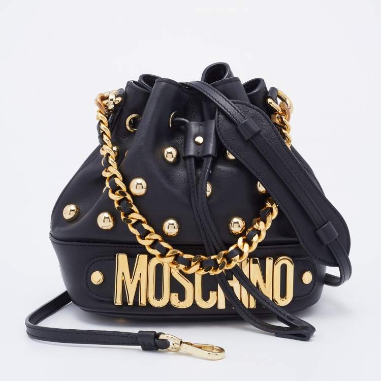 Pre Owned Moschino Black Leather Studded Drawstring Bucket Bag