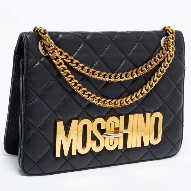 Pre Owned Moschino Black Quilted Leather Logo Flap Shoulder Bag