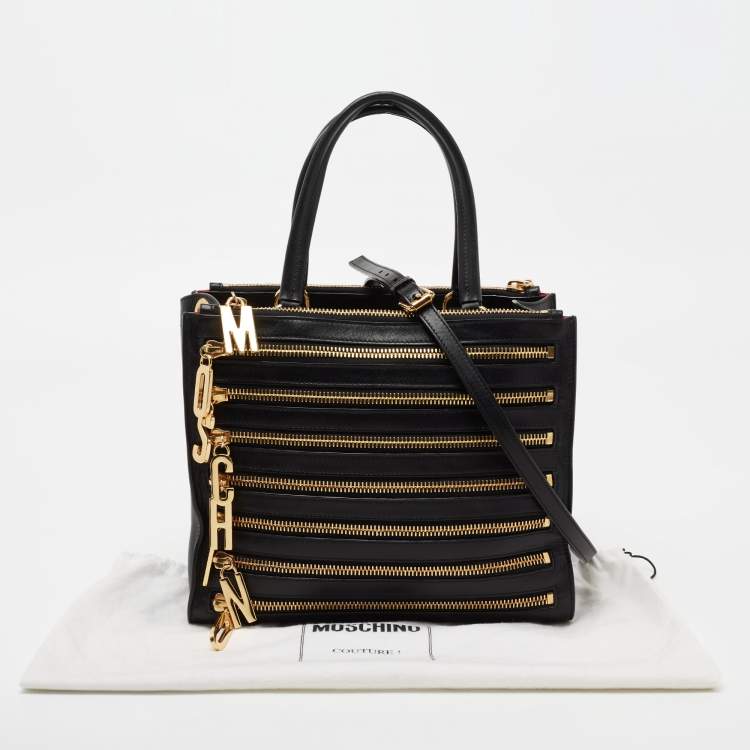 Pre Owned Moschino Black Leather Zip Detail Tote