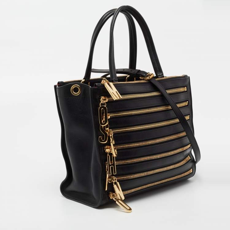 Pre Owned Moschino Black Leather Zip Detail Tote