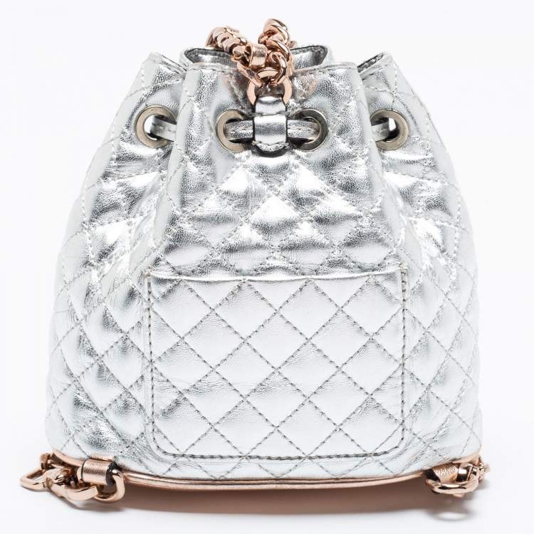 Pre Owned Moschino Metallic Silver Quilted Leather Logo Drawstring BackPack