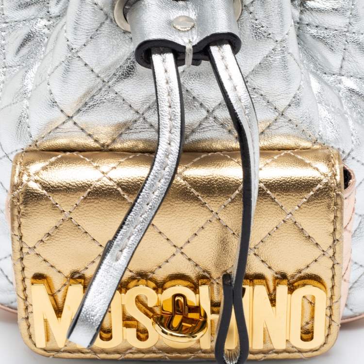 Pre Owned Moschino Metallic Silver Quilted Leather Logo Drawstring BackPack